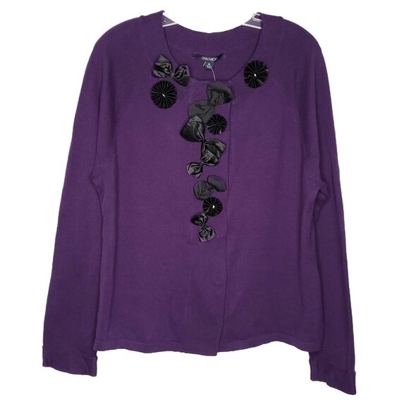 Womens Cotton Cardigan Sweater XL Purple Raglan Sleeve Satin Bows Pin Up 50s - Picture 1 of 6